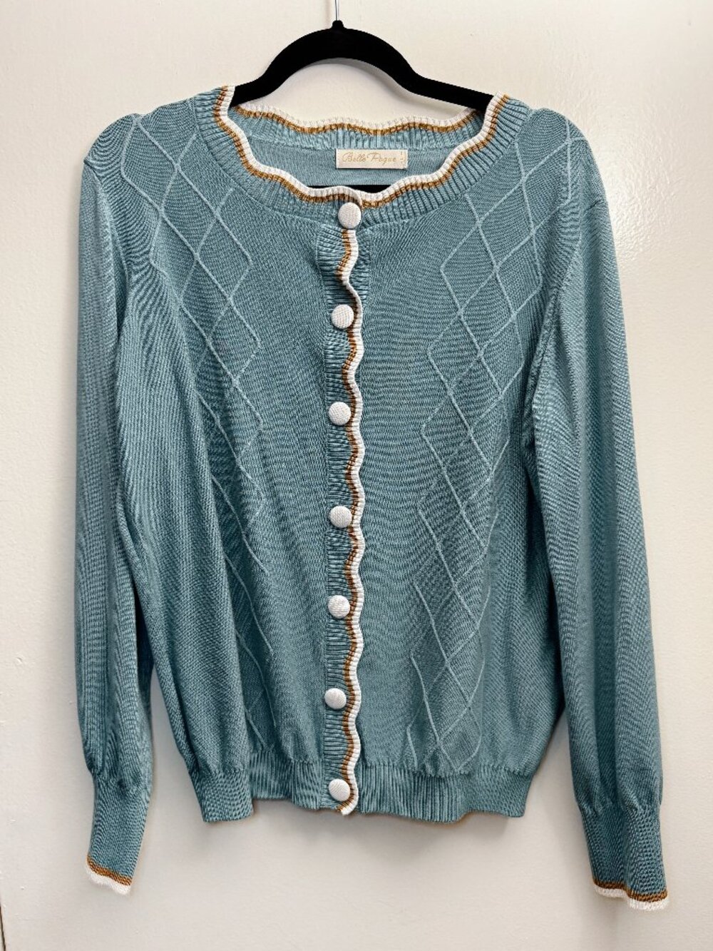 Belle Poque - L - Dusty Blue Scalloped Cardigan - Diamond Pattern